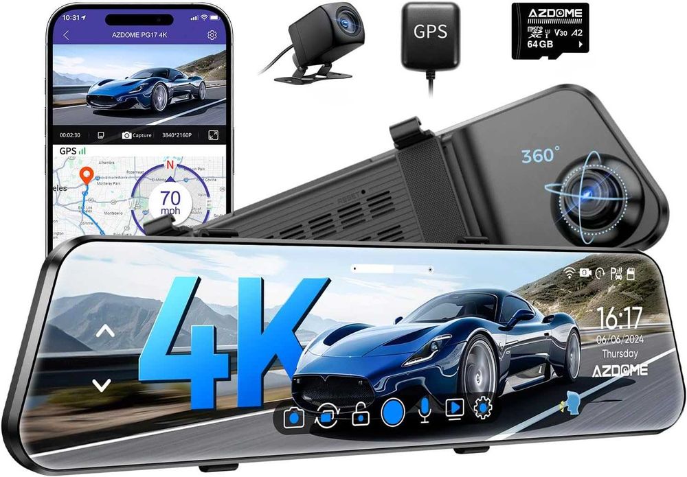 4K Видеорегистратор-Огледало AZDOME PG17 (12" Екран) GPS & 64GB Карта