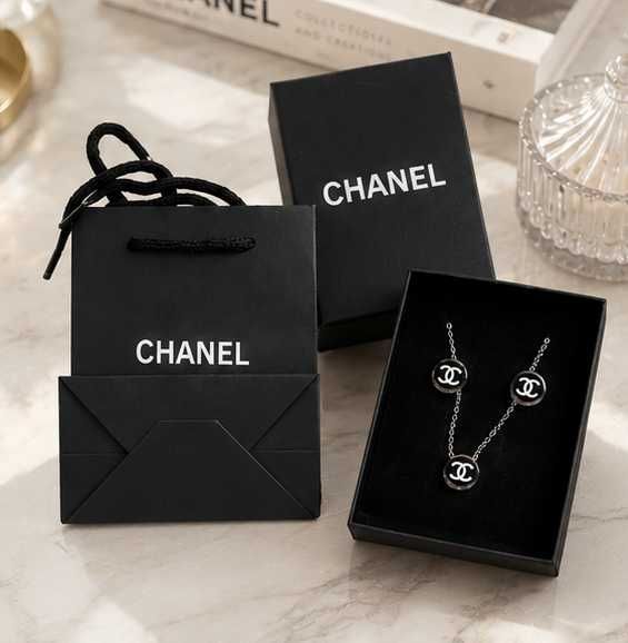 шанел комплект обеци и колие бижута неръждаем материал нов chanel черен