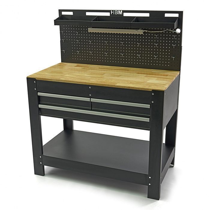 Banc de lucru metalic profesional 3 sertare, blat lemn masiv, panou il
