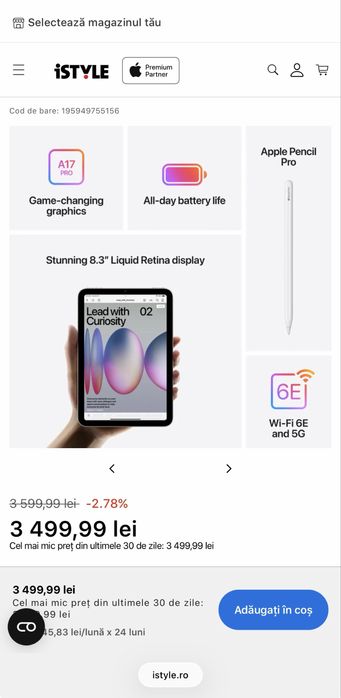 Apple iPad Mini A17 Pro Wi-Fi  + Cellular, 128GB Space Gray , Sigilata , garantie !
