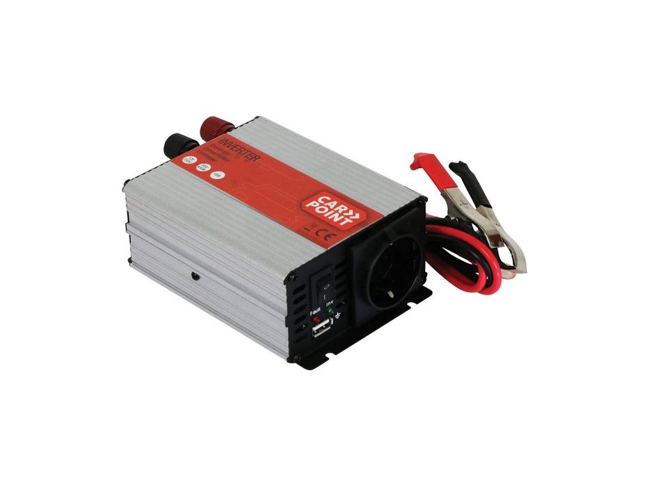 Invertor de tensiune auto Carpoint 12V-230V 300W 50Hz cu cleme baterie, port USB 5V 2.1A si protectii la suprasarcina si scurtcircuit