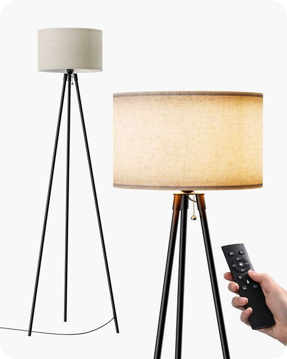 Lampă de podea EDISHINE trepied metalic negru | LED dimabil 3000K–6000K | telecomandă magnetică | bec E27 inclus