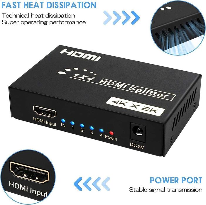 TCNEWCL Mini Splitter HDMI 4K 1în 4ieșiri,4Kx2K-30Hz,DTS-HD/Dolby-True