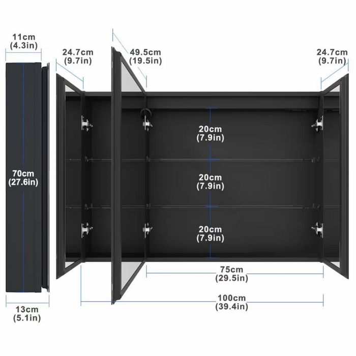 Dulap baie Defect! cu oglindă LED touch, corp negru, 3 uși integral oglindă, priză + USB