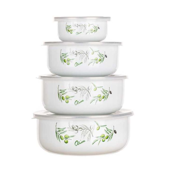 Oale emailate la set :8 piese(4 oale + 4 capace)600ml,900ml,1300ml,noi