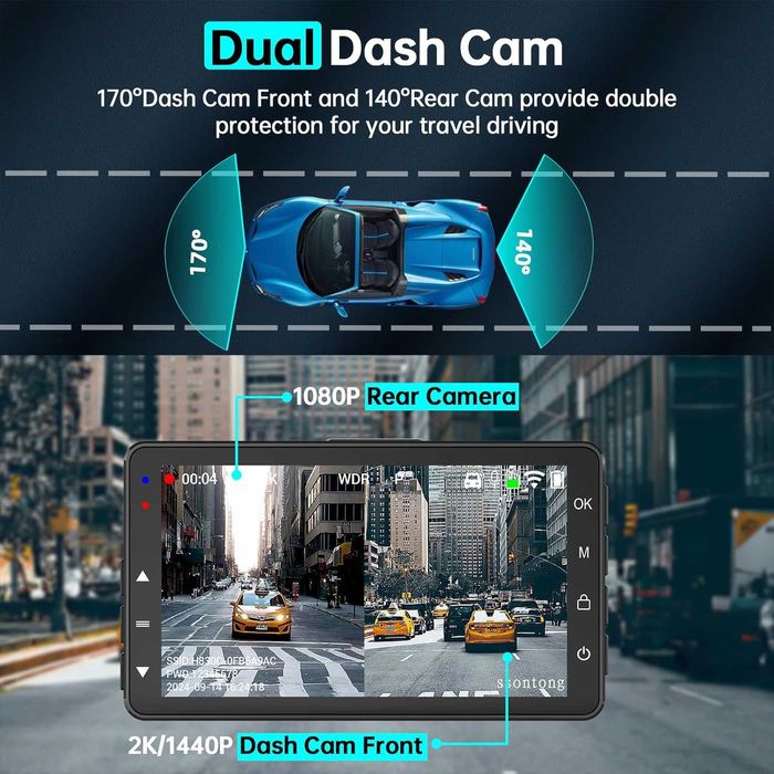 Dash Cam отпред и отзад, 2K, WiFi/БЕЗПЛАТНО ПРИЛОЖЕНИЕ, отпред 170°