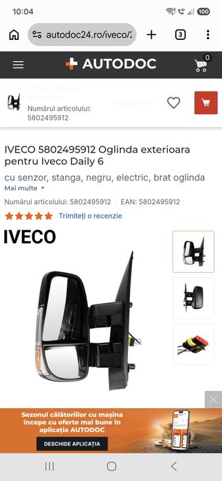 Oglindă exterioară stânga Iveco 6, 2014-2026, OEM 5802495909