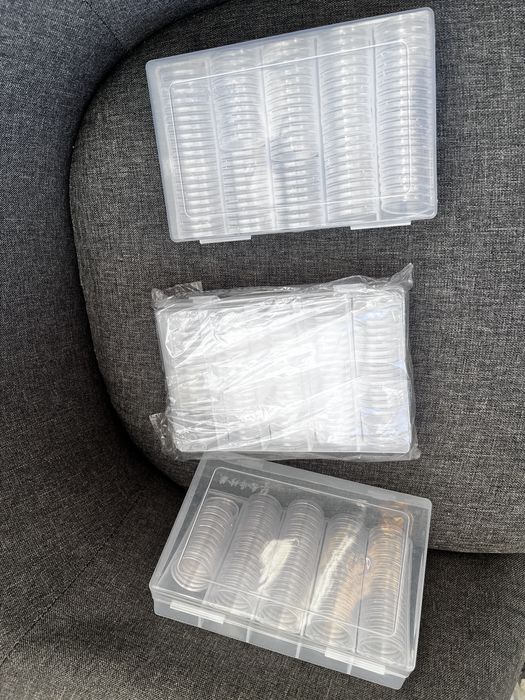 Set 100 capsule transparente pentru monede Ø 30 mm – noi, cutie organizato