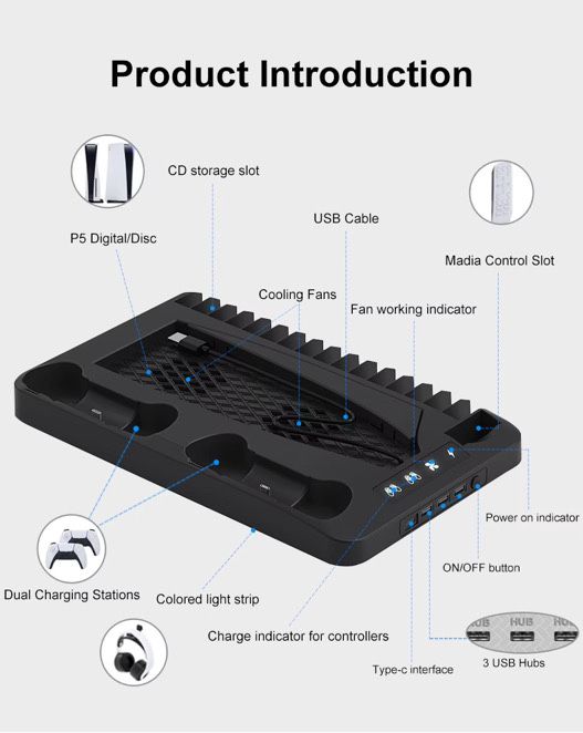 Охлаждаща зарядна станция за PlayStation 5 с LED и стойка