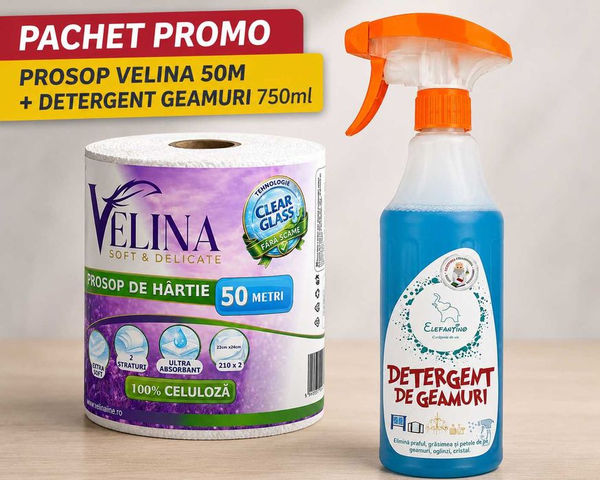 Pachet Promo Prosop Velina 210 Foi 50M + Detergent Geamuri 750ml