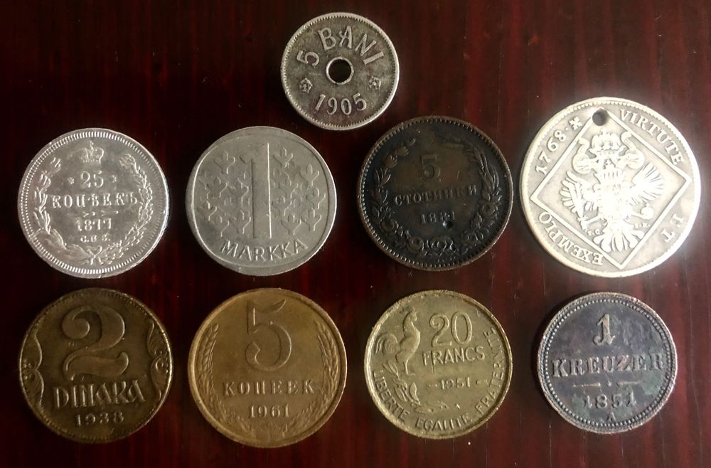 антични монети 5 ст.1881 г, 30 кройц.1768 г, 25 коп.1877 и други.