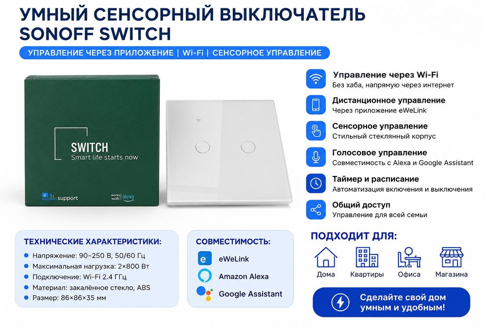 Умный сенсорный выключатель на 2 кнопки