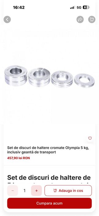 Set discuri cromate olimpice total 5 kg, mai exact; 2x25 kg+2x05 kg+2x0,75 kg+2x1 kg total 5 kg