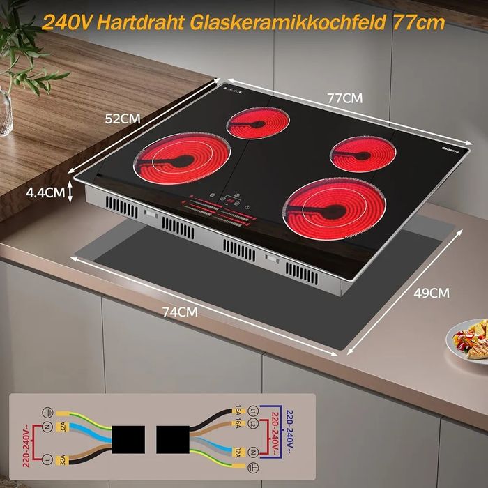 Стъклокерамичен плот за вграждане 77см, 7100W, 4 зони (2 двойни), температурен слайдер, стоманена рамка, Karienvir