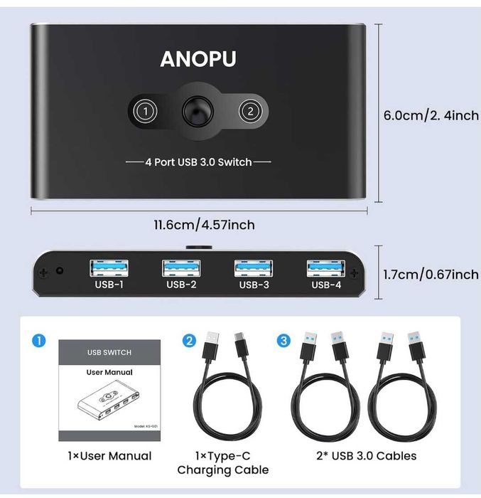 USB превключвател KVM алуминиев USB3.0 2 компютъра споделящи 4 USB