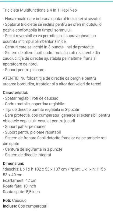 Tricicletă copil, spațioasă, reversibilă, pliabila