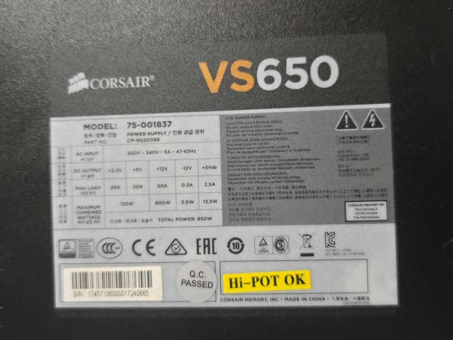 Sursa PC Corsair VS650, 650W, PFC Activ. 120mm, 2 x 6+2 pin PCI-E