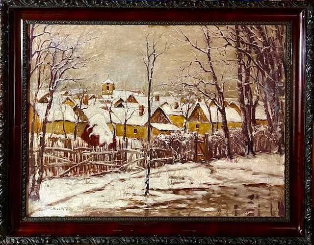 "IARNA IN SAT" SUPERB! Tablou VECHI, ulei/panza, semnat 80x60cm+Rama