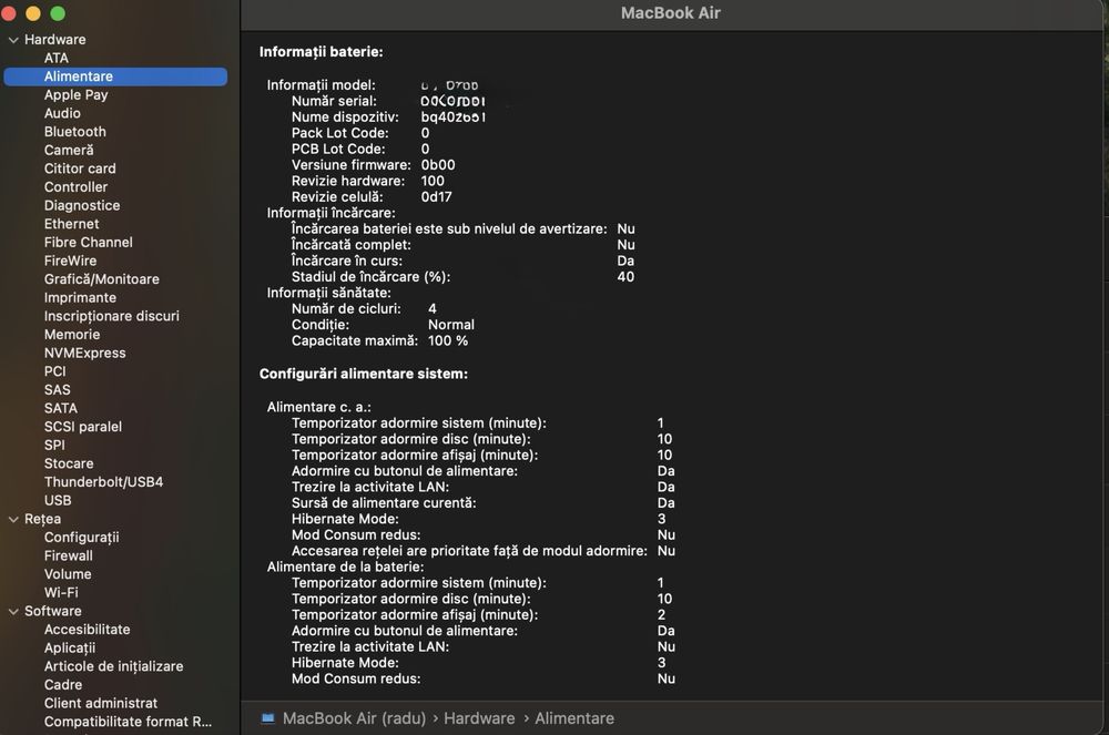 Macbook air M4 15’ SSD256GB/16GB - 4 cicluri de incarcare