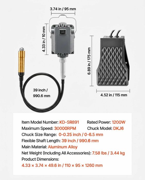 Polizor cu Ax Flexibil 1200W, 30000 rot/min, Pedala, Mandrina 0-6.5mm, Ax 990mm, Kit 112 Accesorii