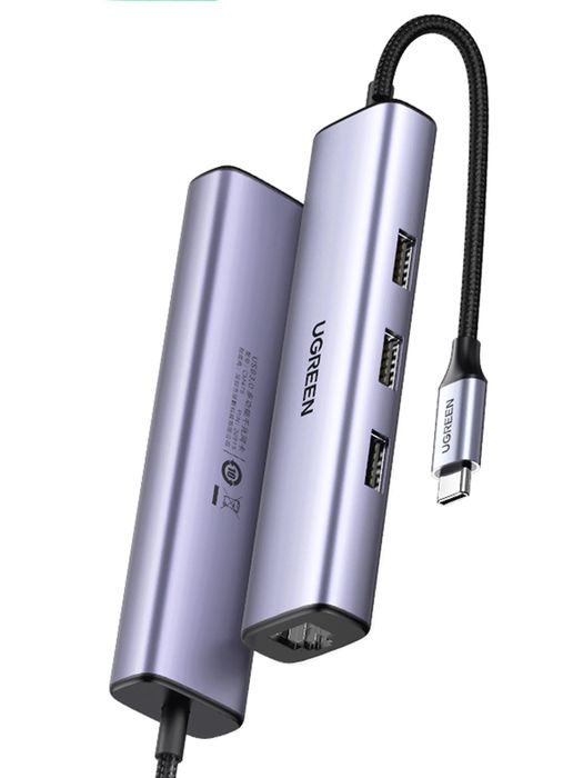Ugreen USB-концентратор CM-475 Usb-C to 3*USB 3,0 Hub+RJ45 1000mb