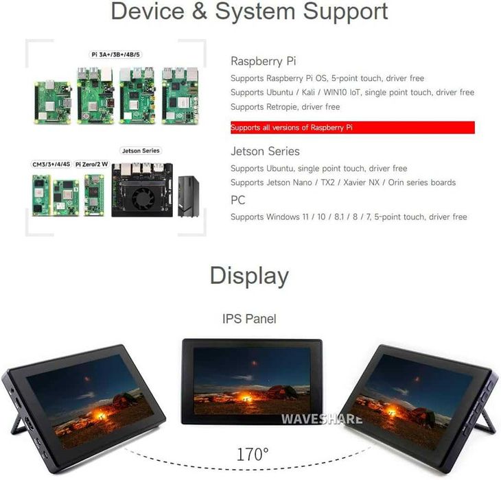 Display Waveshare 7 inch IPS Ecran Tactil Capacitiv 1024x600 Sticla 6H HDMI Audio Monitor Portabil Raspberry Pi Jetson Windows Carcasa Produs Nou
