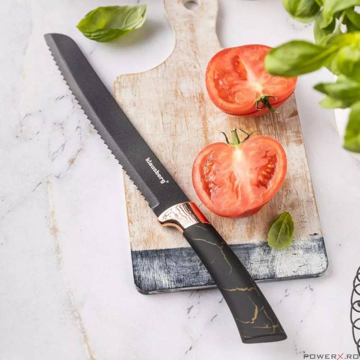 Cutite de bucatarie cu suport, set de 5, negre, cu model maro,