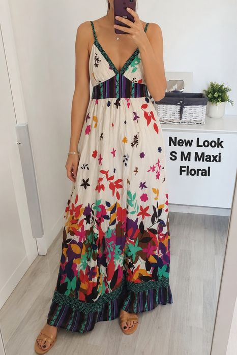 New Look rochie maxi florală bej S M boho romantică bretele reglabile vacanță vară