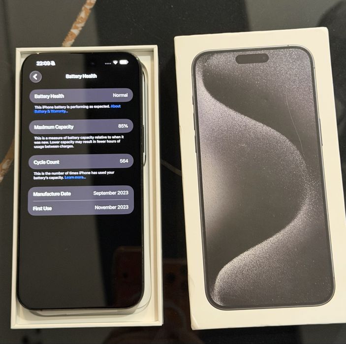 iPhone 15 Pro Max 1TB – Black Titanium – baterie 85% – cutie