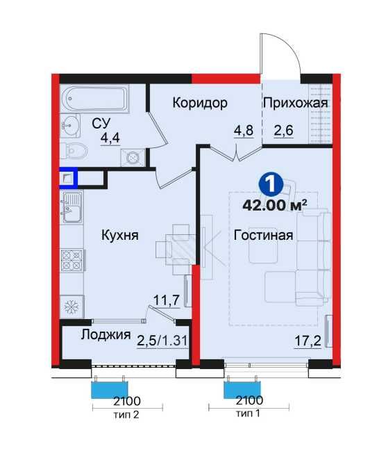 Продаётся 1-комнатная квартира в ЖК Zamon | 42 м² | 4/9 этаж