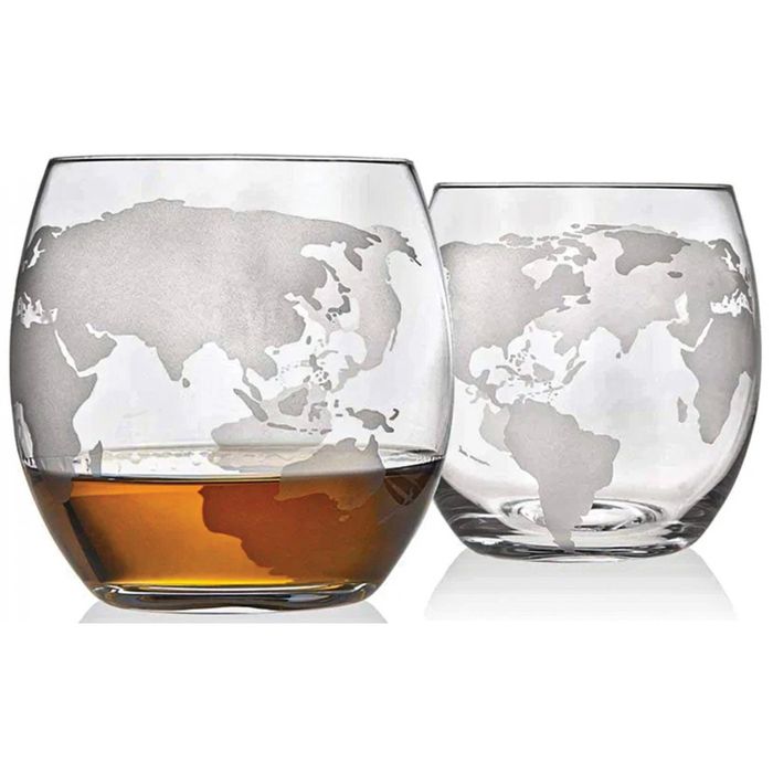 Set cadou Decantor Glob Pământesc pentru whisky, cu 2 pahare și accesorii