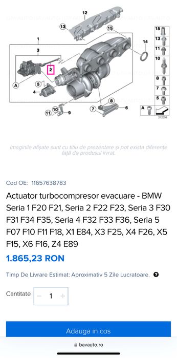 actuator turbocompresor evacuare BMW F3X N20 nou