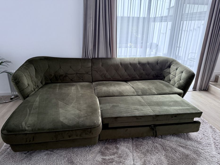 Canapea catifea verde, extensibila + lada depozitare