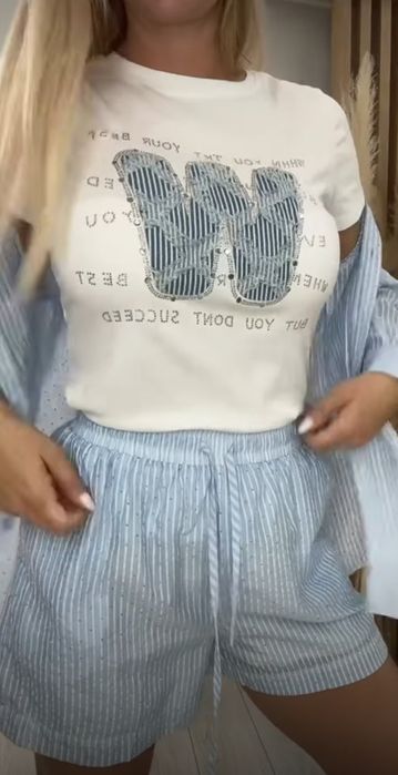 Нов дамски комплект риза и панталонки в синьо