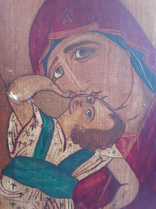 icoana veche pictura pe lemn Arhanghelul Gavriil si Fecioara Maria