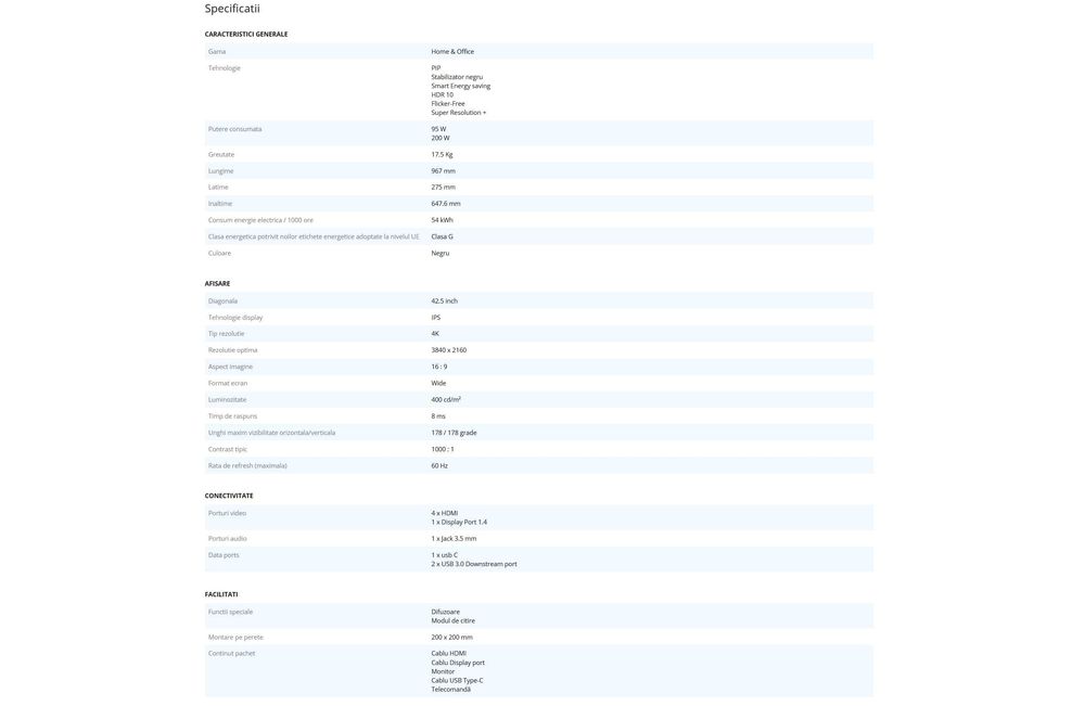 Monitor LED LG 4K - 42.5" inch (108cm) UHD - garantie Octombrie 2027