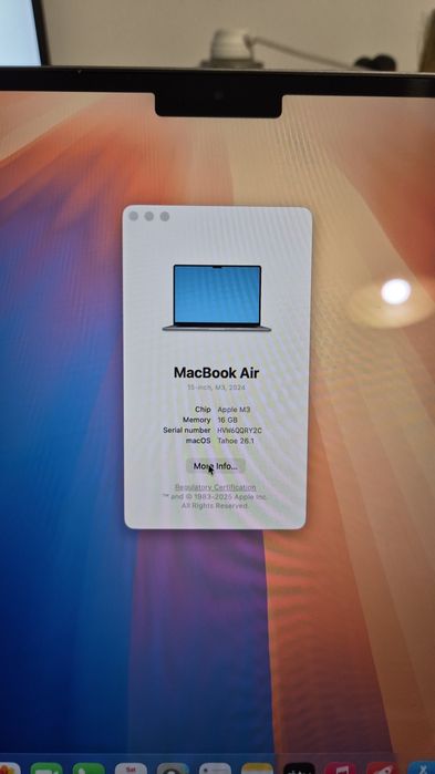 MacBok Air RETINA 2024 15inch M3 16GB 512GB SSD 122 cicluri 100% bat!