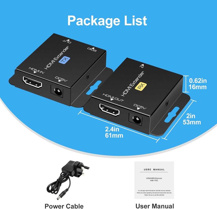 Extender adaptor HDMI ethernet Cat5e Cat6 50m 1080P-60Hz 3D POC EDID