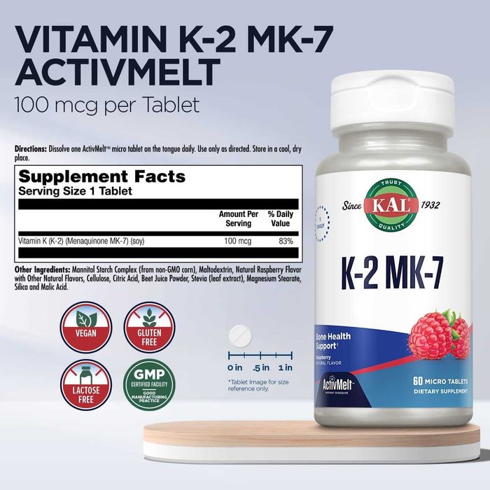 Веганский Витамин K2 MK7, KAL Vitamin K2 MK7 ActivMelt 100 mcg 60шт