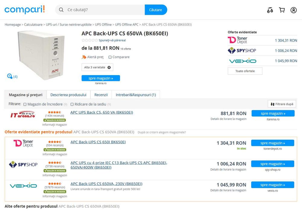 APC Back-UPS CS 650 4 ieșiri (baterie noua + cablu Schuko)