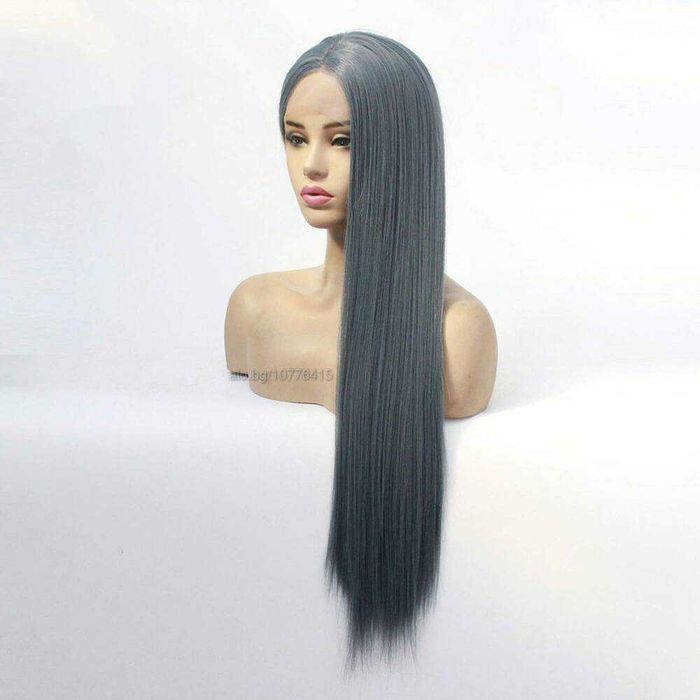 Модерна синьо-сива права перука - 80 см с лейс фронт 13×4