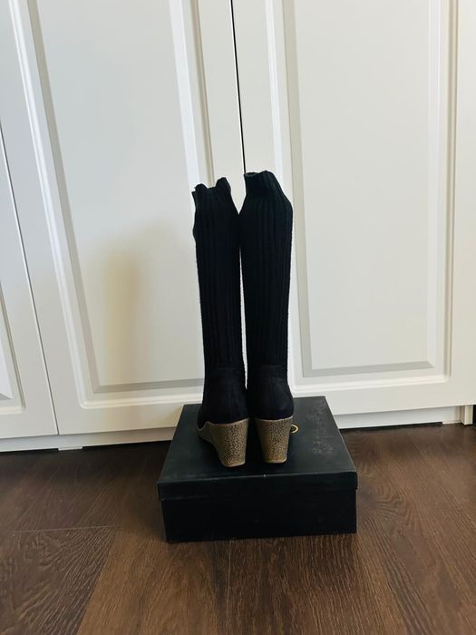 Cizme cu platforma , negre din piele, numarul 39