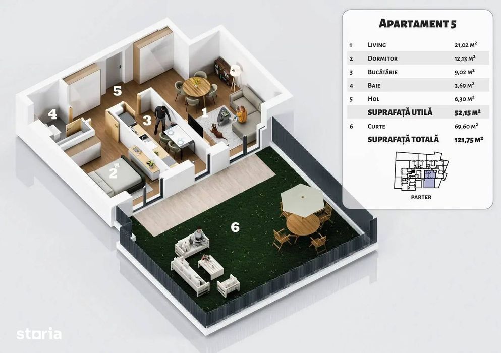 2 Camere Bucatarie inchisa grădină de 70 mp în Titan