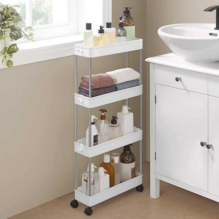 Etajera slim pentru baie si bucatarie cu 4 rafturi cu roti alb