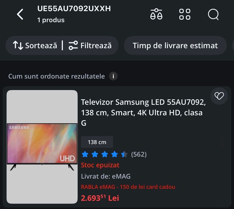 Televizor Samsung LED 55AU7092, 138 cm, Smart, 4K Ultra HD, clasa G