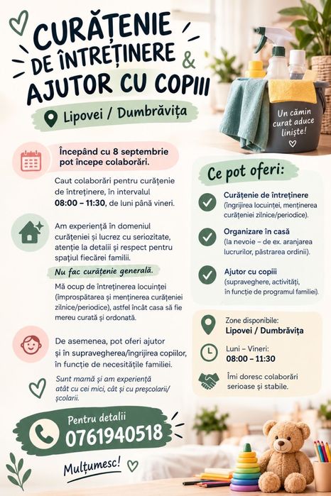 Curățenie de întreținere & ajutor cu copiii (Lipovei/Dumbravita)