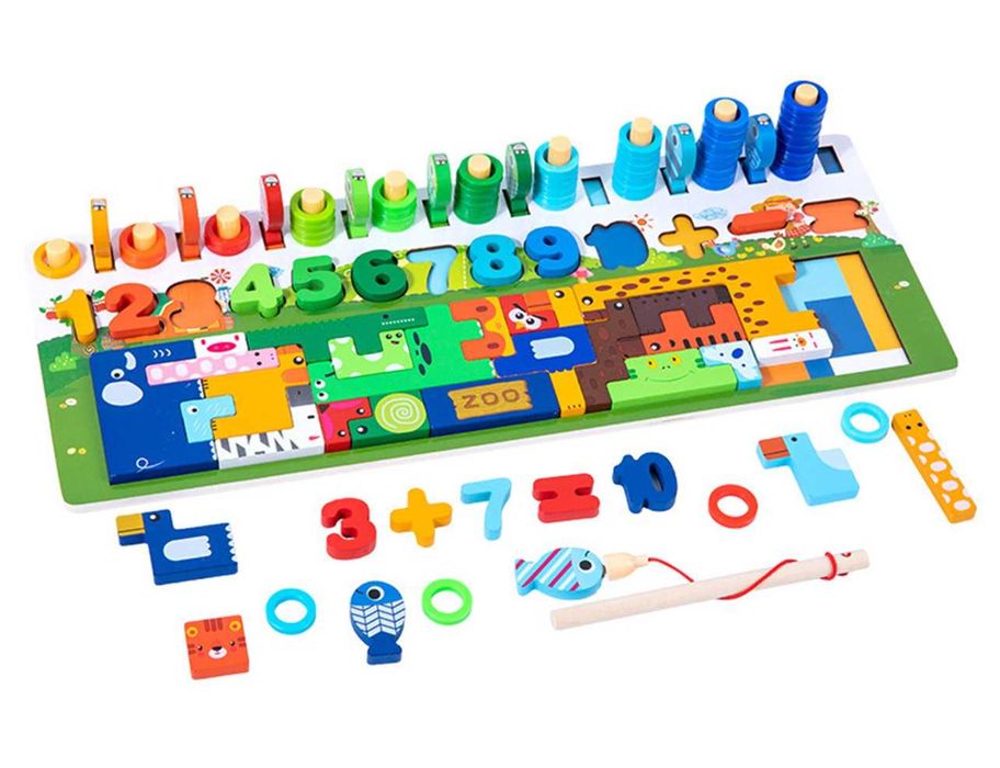 Многофункционална дървена игра с магнитен риболов и тетрис с животни