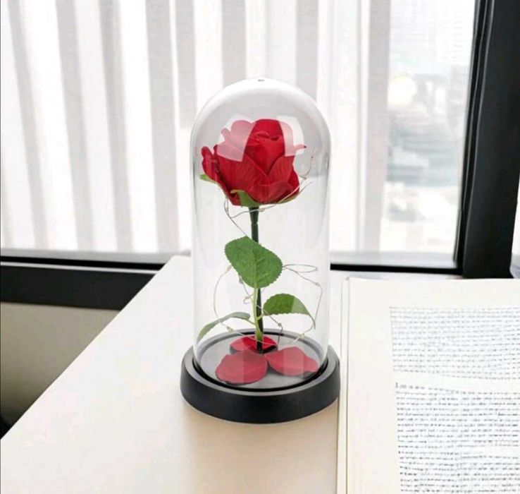 Вечна роза в стъкленица с лампички за подарък с кутия Свети Валентин