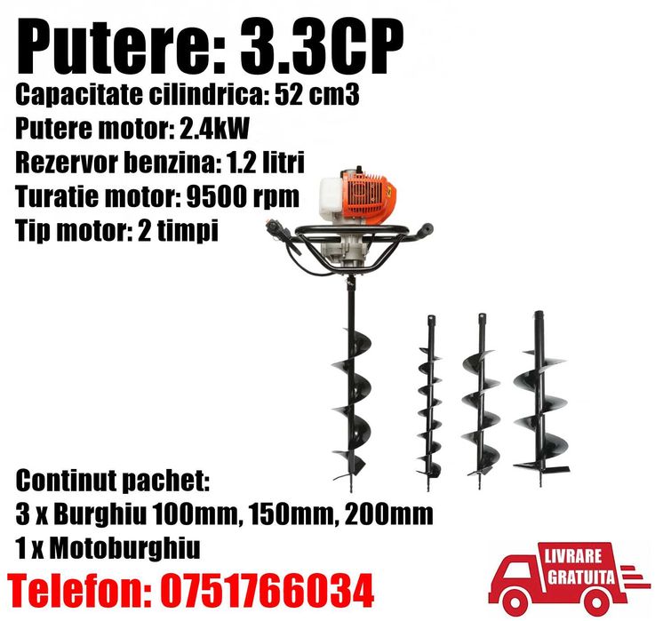 Motoburghiu Freza Foreze Pamant Gropi Gauri 3.3CP Benzina + Livr Grat
