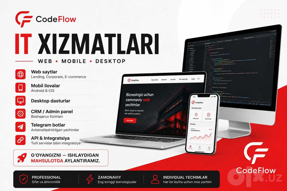 IT xizmatlari — Web sayt, Mobil ilova, Telegram bot, Desktop ilovalar